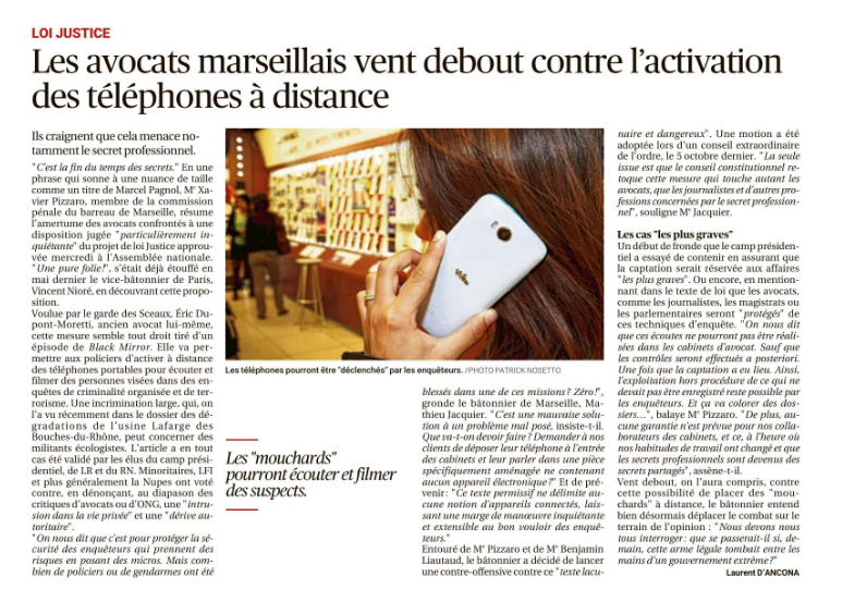 LES AVOCATS MARSEILLAIS VENT DEBOUT CONTRE L'ACTIVATION DES TELEPHONES A DISTANCE - 13.10.23 - ARTICLE LA PROVENCE