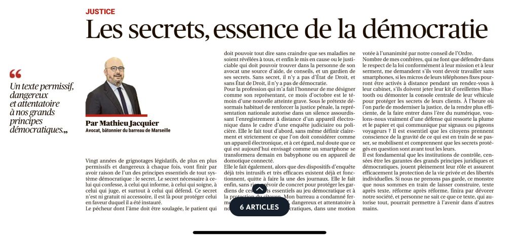LES SECRETS, ESSENCE DE LA DEMOCRATIE, Article du Bâtonnier Mathieu Jacquier paru dans la Provence